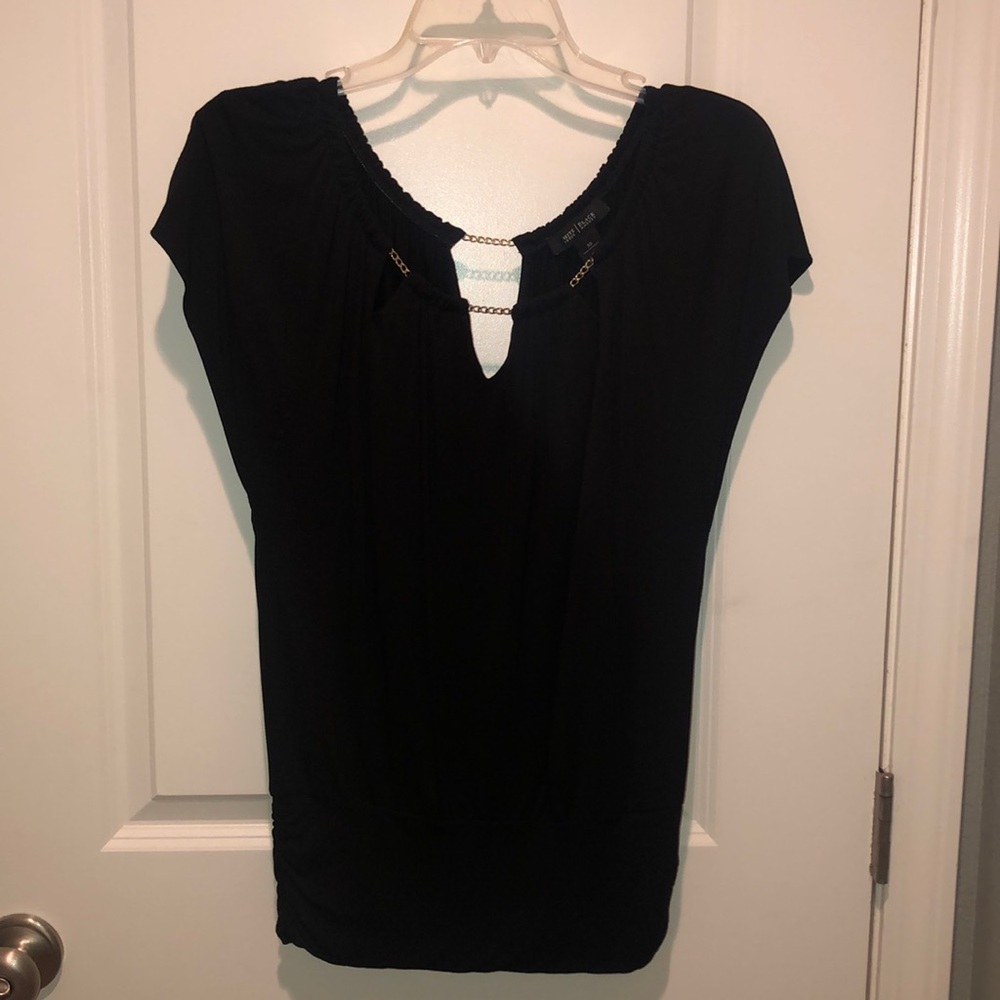 WHBM Black Blouse with Gold Chain Accent